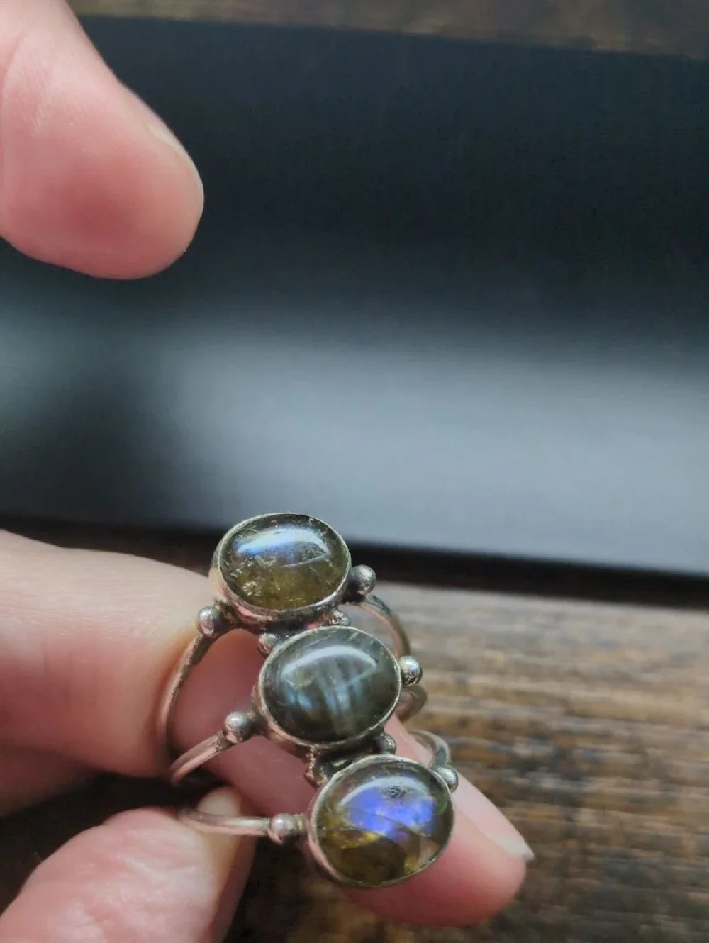 Triple Stone Labradorite Silver Ring - Green/Gray Accent